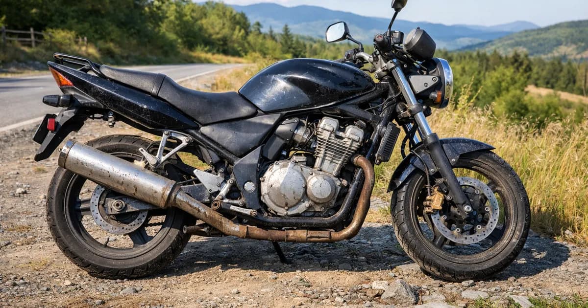 Moto de segunda mano aparcada al aire libre durante una inspección visual antes de comprar