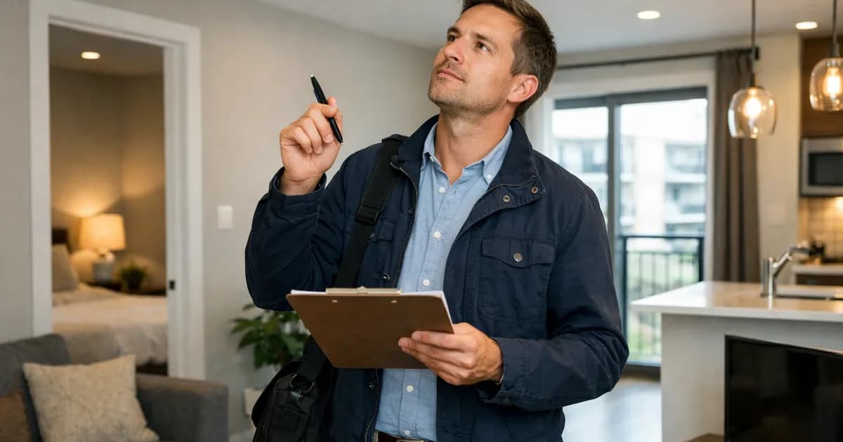 Persona inspeccionando el interior de un piso vacío, comprobando paredes, ventanas y posibles humedades.